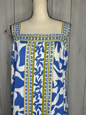Vince Camuto Floral Border Print Smocked Back Maxi Dress Blue White Sz L Rayon thumbnail 2