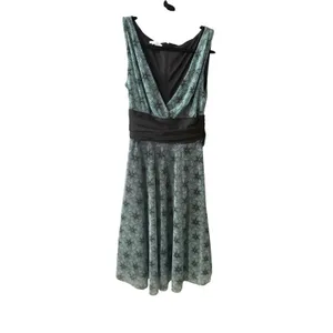 London Times Teal Black Geometric Print Cocktail‎ Dress Ruched Waist Tie 10 thumbnail 2