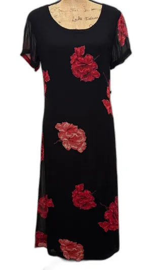 Lola P. Vintage 90s Midi Dress Black Red Floral Print Romantic Grunge‎ Size 10 thumbnail 1