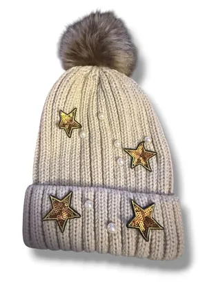 Marcus Adler sequin stars and pearls beanie pom pom hat thumbnail 1