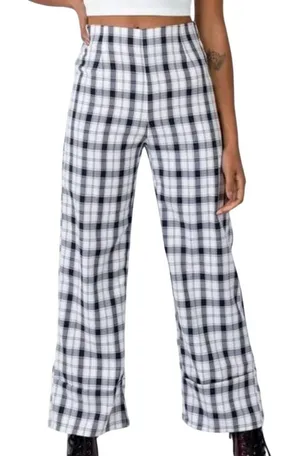 Princess Polly Euros‎ Plaid Wide Leg Trousers Pants Size 6 Black Cream Checkered thumbnail 1