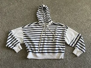 aerie Navy & White Striped Hooded Crop Sweater Coastal Nautical thumbnail 2