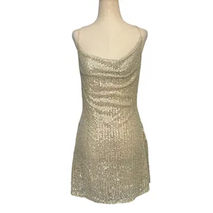 Hello Molly Champagne Gold Sequin Cowl Neck Lace‎ Up Back Mini Dress US 6 Viral thumbnail 5