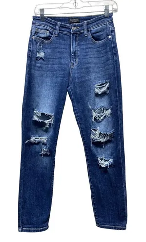 Judy Blue Boyfriend Jeans Women Sz 3/26 Distressed Stretch Denim‎ Blue thumbnail 1