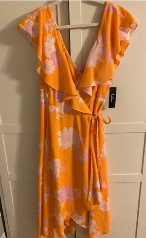 Lulu's Size XL Garden of Joy Floral Ruffled Wrap Dress w/Asymmetrical Hem NWT thumbnail 1
