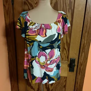 MB Bright Tropical Flowers Blouse Size M thumbnail 7