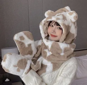 Ultra Soft Cow Print Hat Scarf Mitten Attached Furry Hood Ears Puppy Snow Bunny thumbnail 1