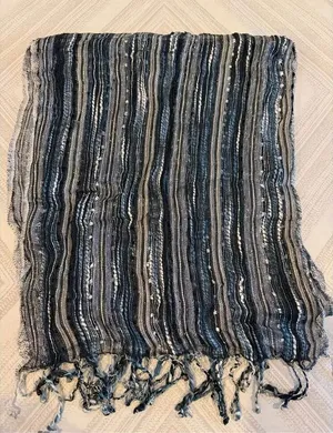 Blue White Metallic Sheer Striped Scarf Lightweight Woven Fringe Wrap thumbnail 1