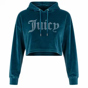 Juicy Couture Velour Cropped Hoodie‎ Women L Blue Rhinestone Logo Y2K McBling thumbnail 1