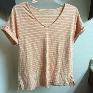 Soft Surroundings Top Womens M Orange Stripe T-Shirt V-Neck Short Sleeve Cotton thumbnail 1