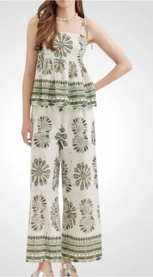 Entro Boho Cotton Peplum Cami Top & Wide Leg Pants Set Size S thumbnail 1