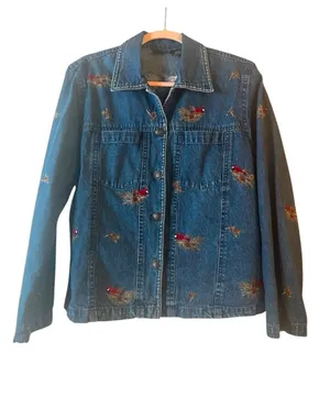 Vintage Jean Jacket Embroidered Birds Denim Blue Large Retro Grandma thumbnail 1