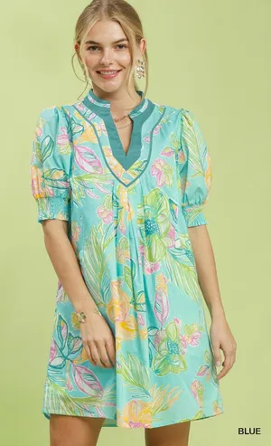 Umgee Botanical Print‎ Dress with Smocked Cuffs - Blue - Small thumbnail 1