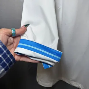 Gretchen Scott‎ Mandarin Top Women M White Blue Striped Trim 3/4 Sleeve Stretch thumbnail 3