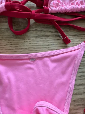 Frankie’s Bikinis Pink Triangle Bikini Set with Red Trim thumbnail 2