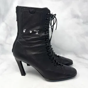 OFF-WHITE Leather Lace Up Card Holder Logo Heeled Ankle Boot Black Streetwear 36 thumbnail 3