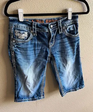 Rock Revival Blue Distressed Cropped Denim Shorts made in the USA size 26 thumbnail 1