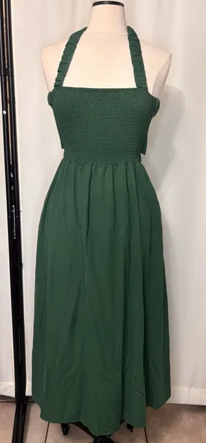 Womens Smocked Green Midi Dress Cottage Sundress Pockets Backless Straps Stretch thumbnail 1