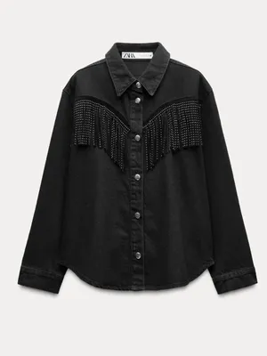 Zara Black Denim Studded Fringe Western Jacket XS Shacket thumbnail 3
