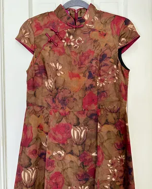 Dark Floral Traditional Qipao / Cheongsam w. Flare Skirt thumbnail 2