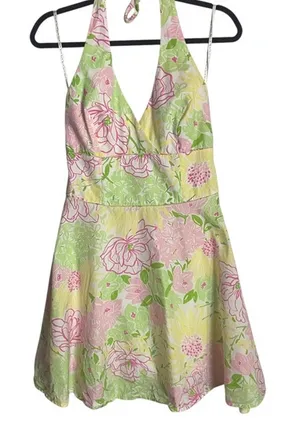 Lilly Pulitzer Size 8 Pink Green Floral Blast Willa Halter Dress Garden Party thumbnail 1