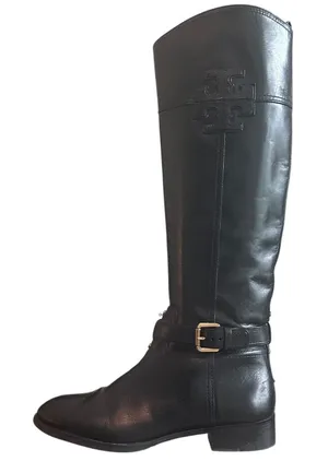 Tory Burch Black Leather Riding Boots Embossed Double T Logo Size 8 thumbnail 1