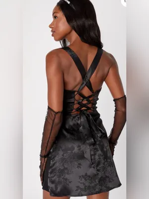 Lulus Exquisite Outlook Black Floral Jacquard Satin Lace-Up Mini Dress thumbnail 2
