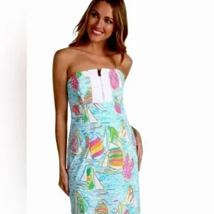 Lilly Pulitzer Franco Dress in You Gotta Regatta Ruffle Back Tie Strapless Dress thumbnail 3