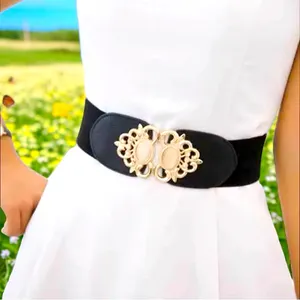 Golden Double Buckle Black Waspie Belt Stretchy Elastic Accentuating‎ Waist Band thumbnail 3