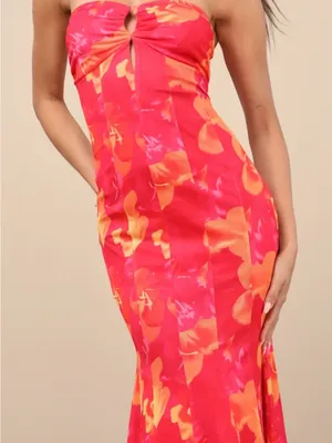 Lulu's Pink & Orange Floral Strapless Twist-Bust Midi Dress thumbnail 4