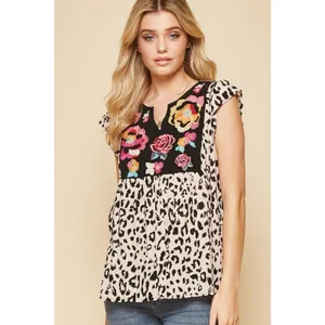 Savanna Jane Size L Blouse Leopard Print Embroidered Floral Top Boho Women's thumbnail 2