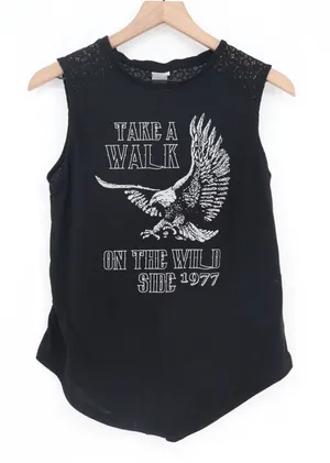 Freeze Womens Black Eagle Graphic Lace Shoulder Tank Top Take A Walk Wild Side L thumbnail 1