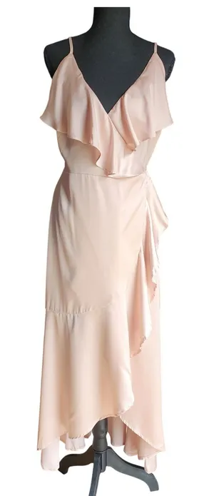 Mulla Womens Wrap Balletcore‎ Dress Blush Pink Ruffle High Low Large thumbnail 1