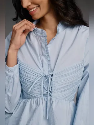 Anthropologie Mare Mare Long-Sleeve Cinched Front Top Pastel Blue Blouse Medium thumbnail 2