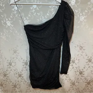 Lucy in the Sky Black Glitter Polka Dot One-Shoulder Dress Sheer Sleeve MEDIUM thumbnail 5
