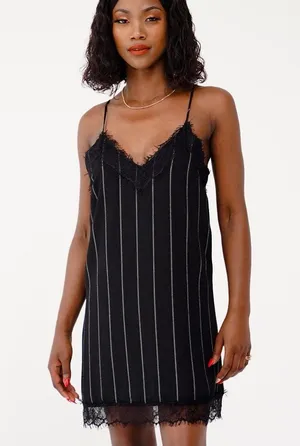 Mango Black and White Striped Lace Chemise thumbnail 1