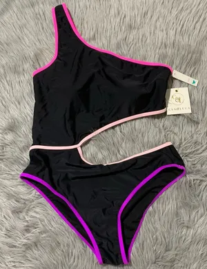 Cyn & Luca One-Shoulder Side-Cutout Swimsuit pink purple black new with tags thumbnail 1