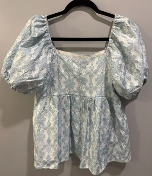 Entro Puff Sleeve Floral Lace Detail Square Neck Blouse Blue thumbnail 3