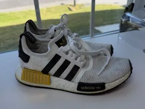 adidas boost White Athletic Sneakers with Black Stripes and Gold Accents thumbnail 1