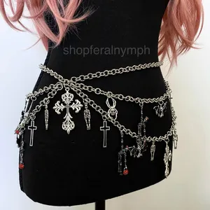 Silver Y2K Gothic Draped Charm Layered Chain Belt, Fits 26-55 Inches, X7GA1391 thumbnail 6