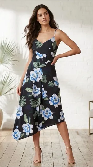Banana Republic Women’s Black Strap Asymmetrical Midi Floral Print Dress Size 2 thumbnail 1