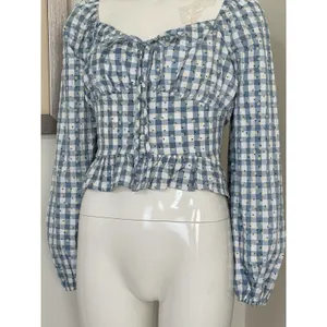 Rose & Grey Women’s M Gingham Peasant Crop Top Long Sleeve Cottagecore Floral thumbnail 7