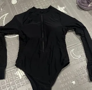 Black Long Sleeve Swimsuit with mesh sides - zip up - UPF 50+ thumbnail 1