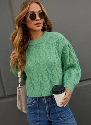 Vici Siarah Green Cable Knit Sweater Women's XL Crew Neck Ribbed Cozy Oversized‎ thumbnail 1