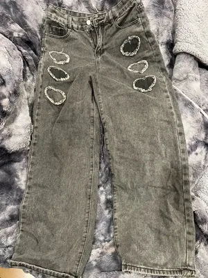 High-Rise Gray Wide-Leg Jeans with Heart Cutouts thumbnail 1