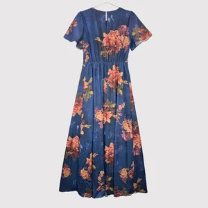 NWT Baltic Born Maxi Dress Blue Colina Satin Floral Flutter Side Slit Medium thumbnail 3
