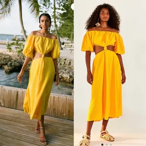 FARM Rio Puff Sleeve Knotted Maxi Dress Yellow Size XS thumbnail 2