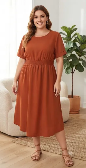 SHEIN Rust Orange Short Sleeve Smocked Midi Dress thumbnail 1