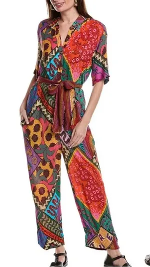 Farm Rio NWT Dotted Patch Scarf Colorful Bold Jumpsuit Size Small thumbnail 1