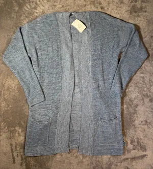 Linda Matthews Open Front Knit Cardigan Light Blue Large NWT Longline Pockets thumbnail 2